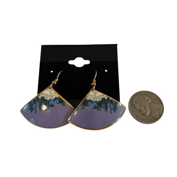 Elegant Hand Painted Rose Gold Trimmed White, Blue & Lavender Fan Earrings - Picture 6 of 6